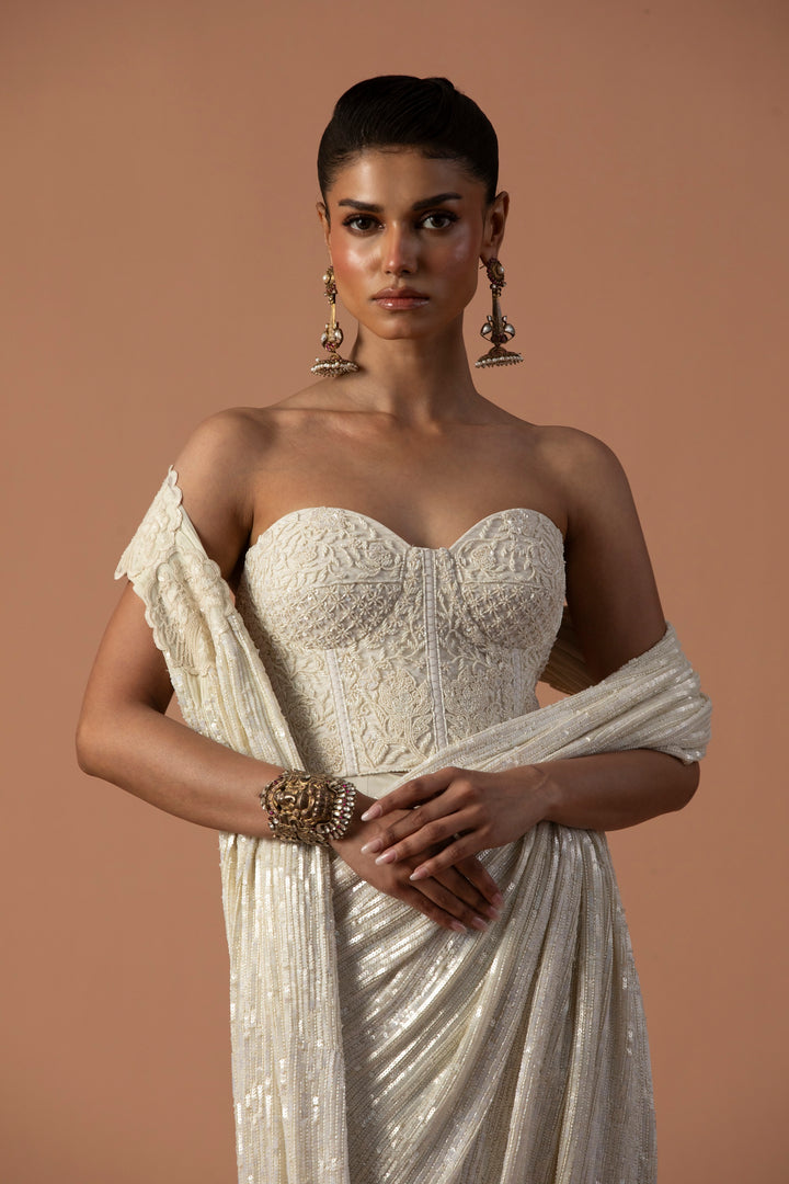 Ivory Tulle Saree With Sequins Aanchal And Beaded Corset