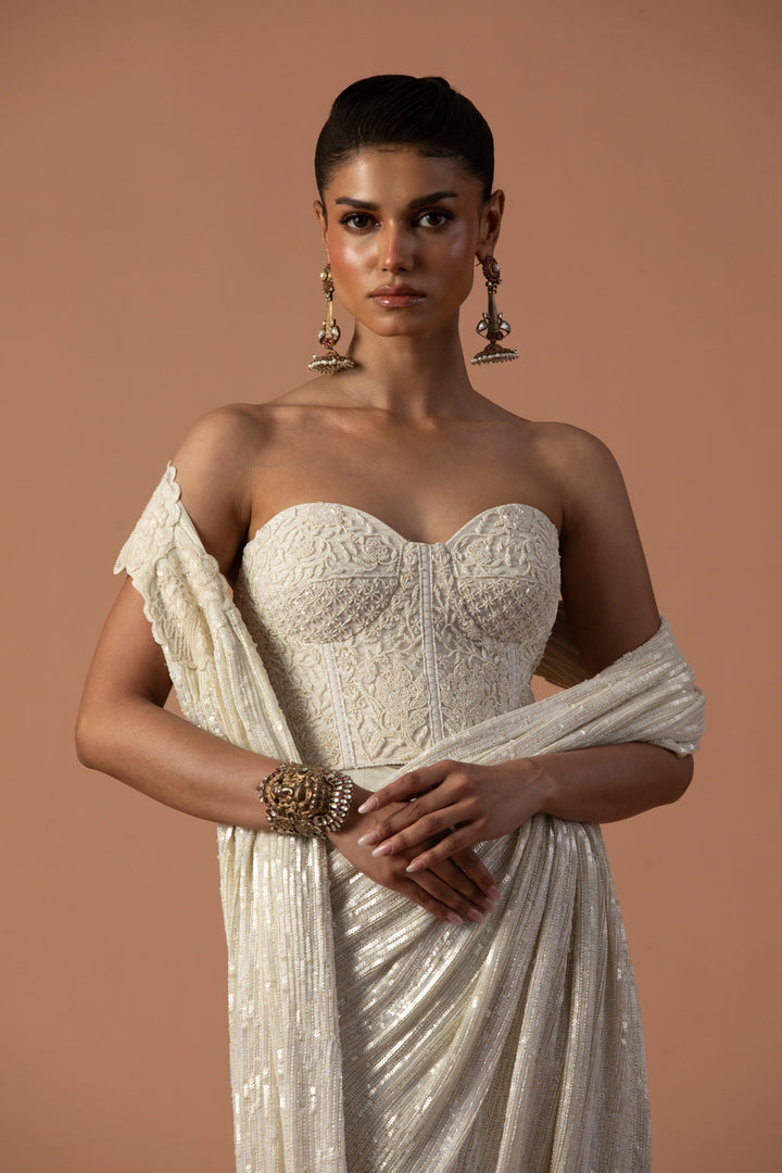 Ivory Tulle Saree With Sequins Aanchal And Beaded Corset  (Pre-stitched)