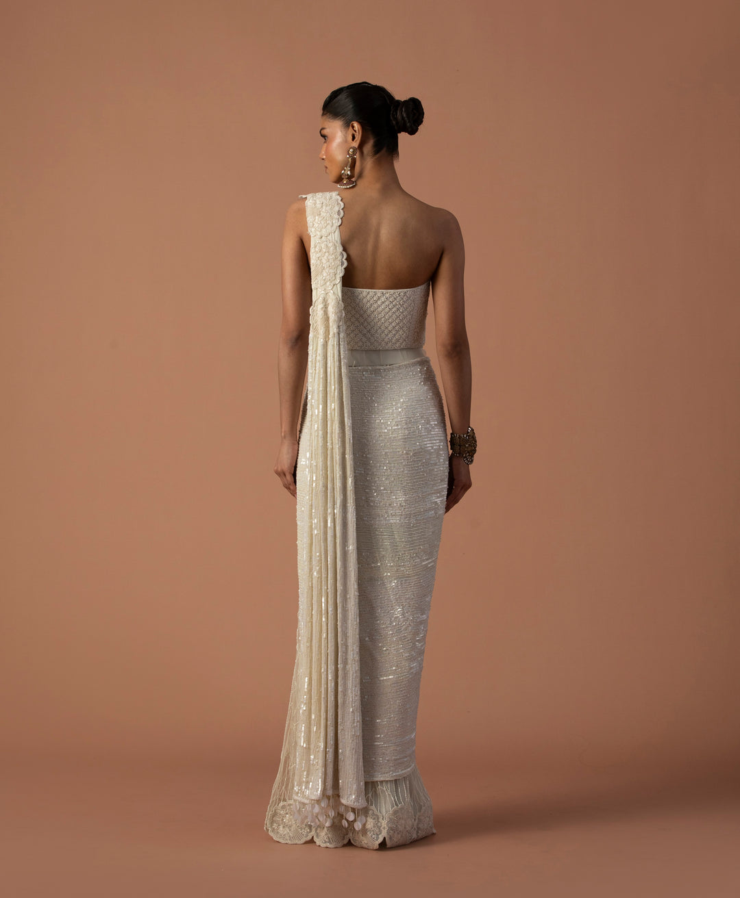 Ivory Tulle Saree With Sequins Aanchal And Beaded Corset