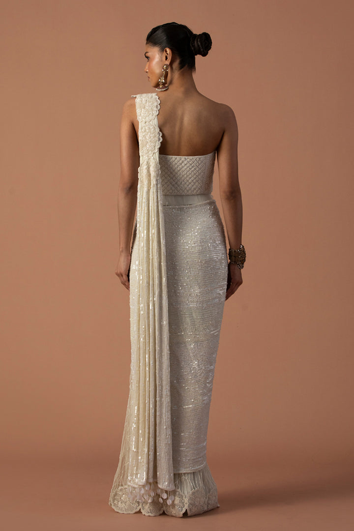 Ivory Tulle Saree With Sequins Aanchal And Beaded Corset  (Pre-stitched)