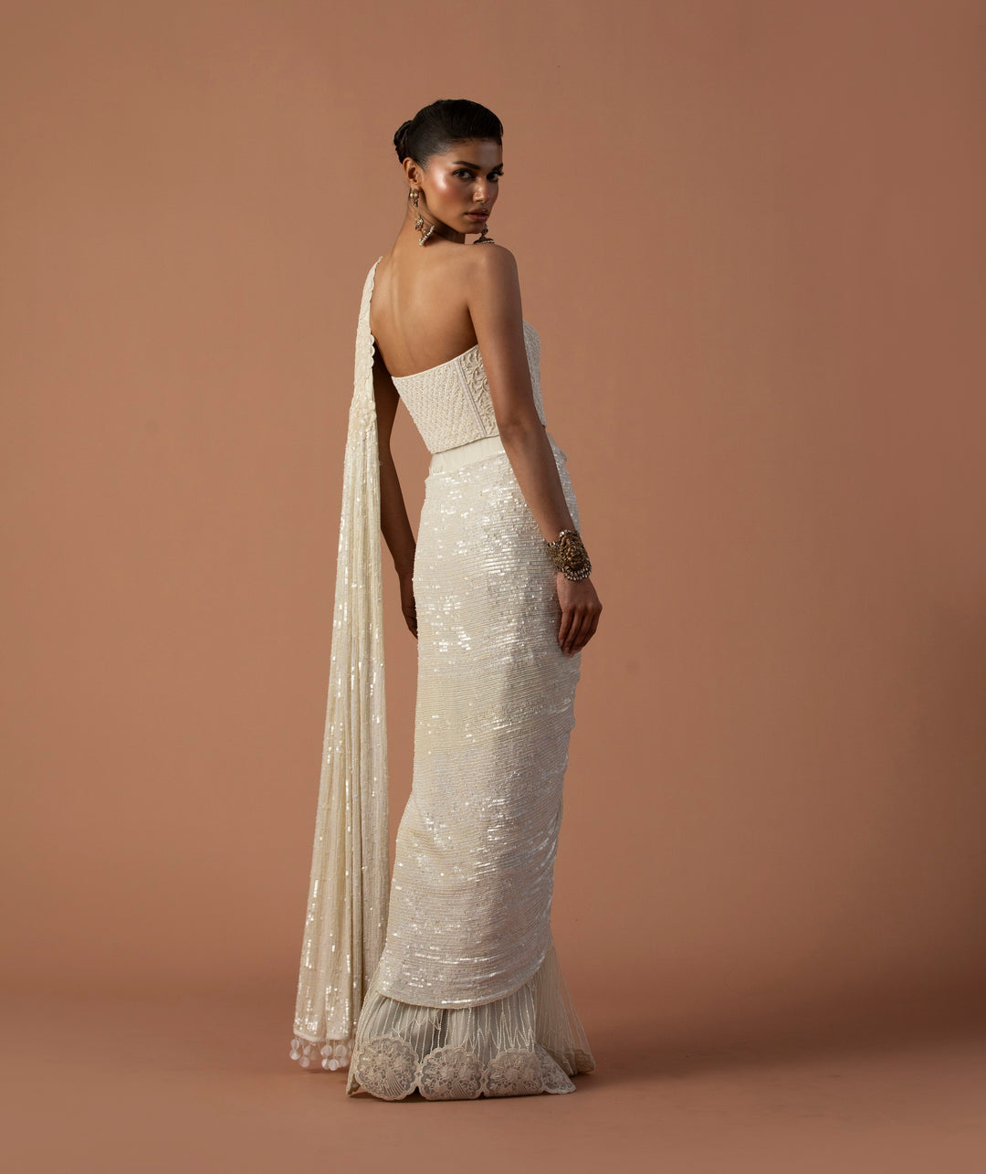 Ivory Tulle Saree With Sequins Aanchal And Beaded Corset