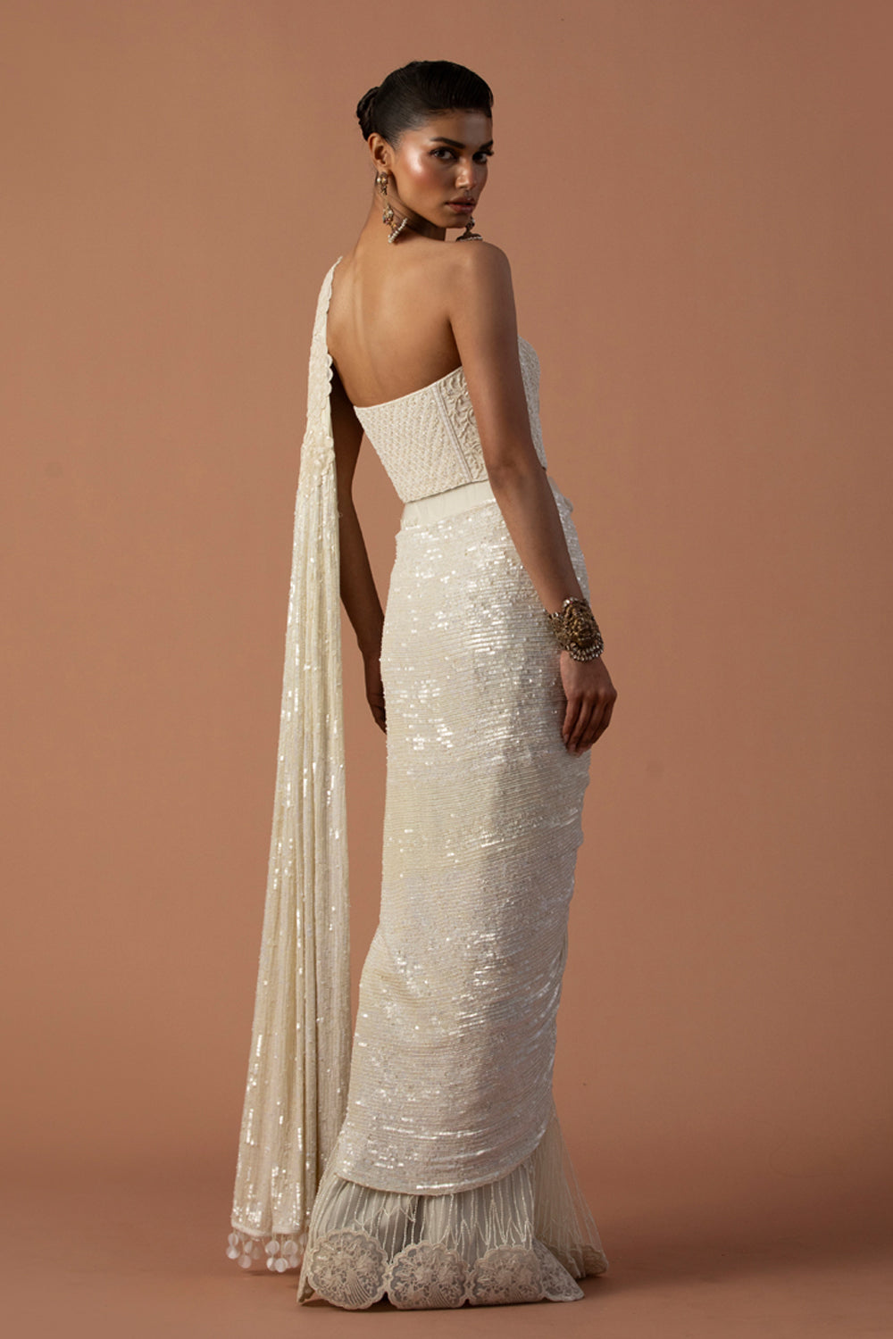 Ivory Tulle Saree With Sequins Aanchal And Beaded Corset  (Pre-stitched)