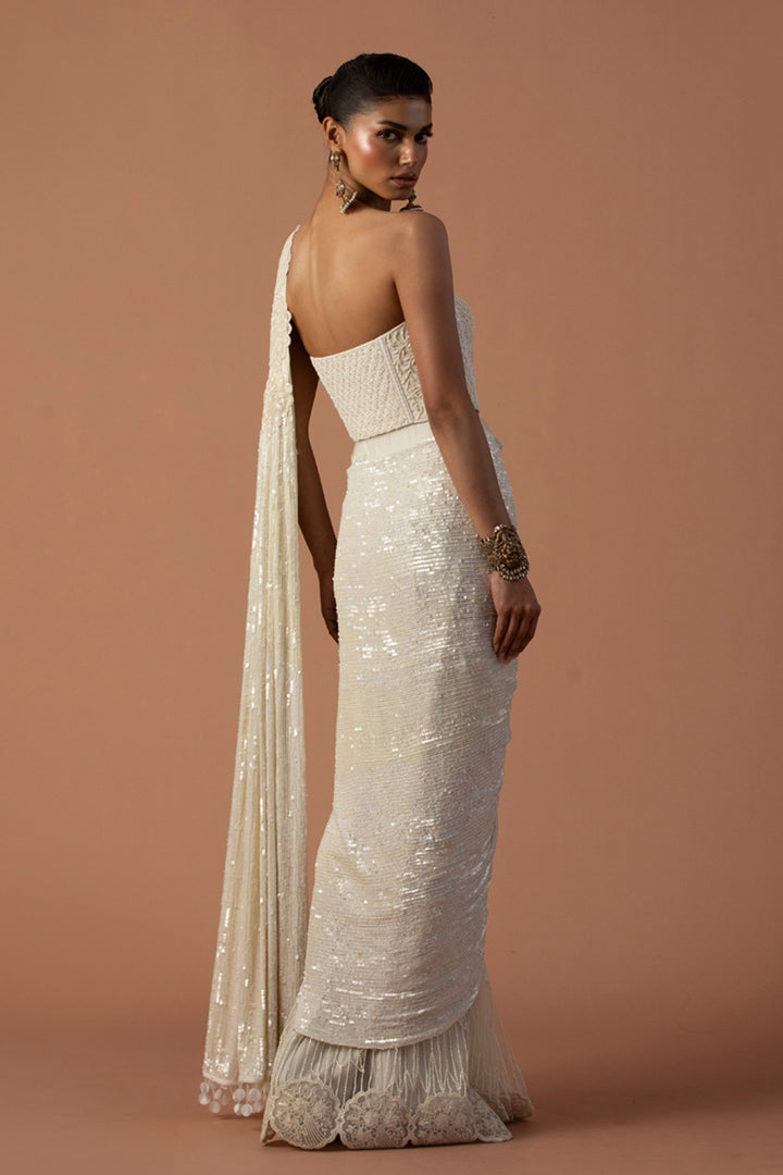 Ivory Tulle Saree With Sequins Aanchal And Beaded Corset  (Pre-stitched)