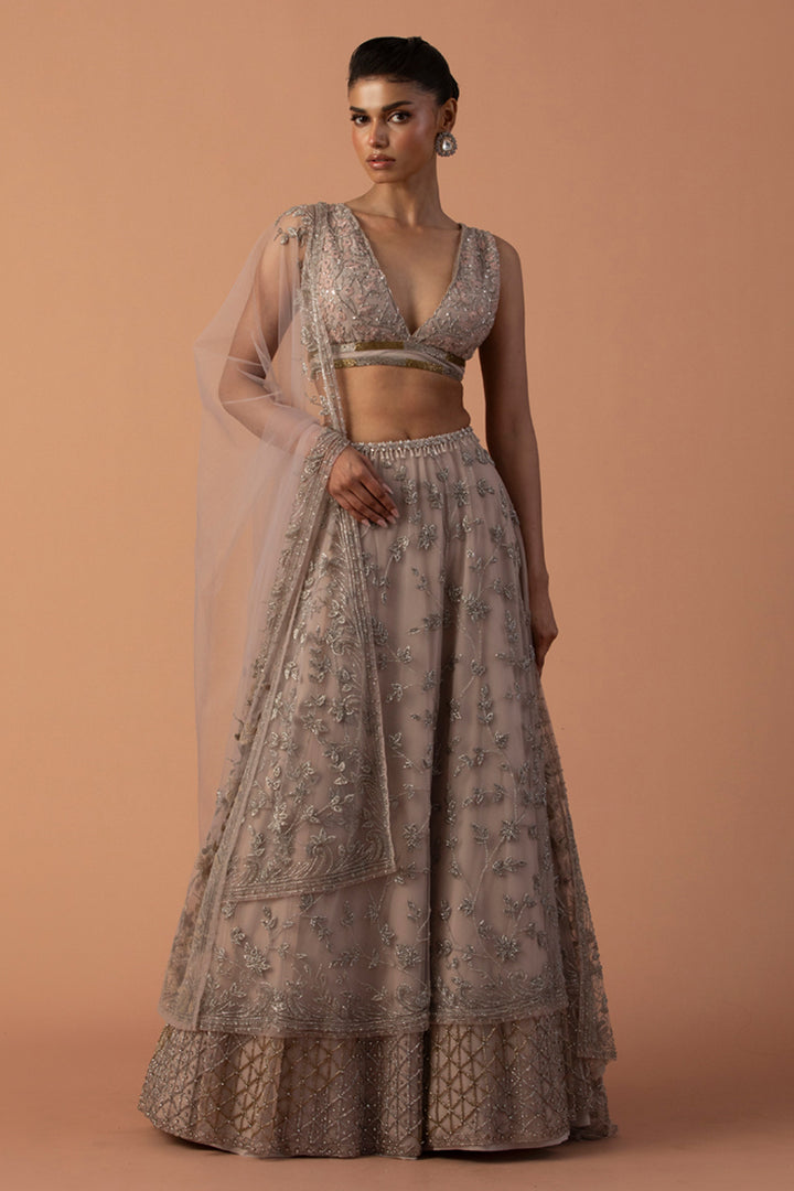 Pink Double Layered Lehenga With Thread Work Blouse And Tulle Dupatta