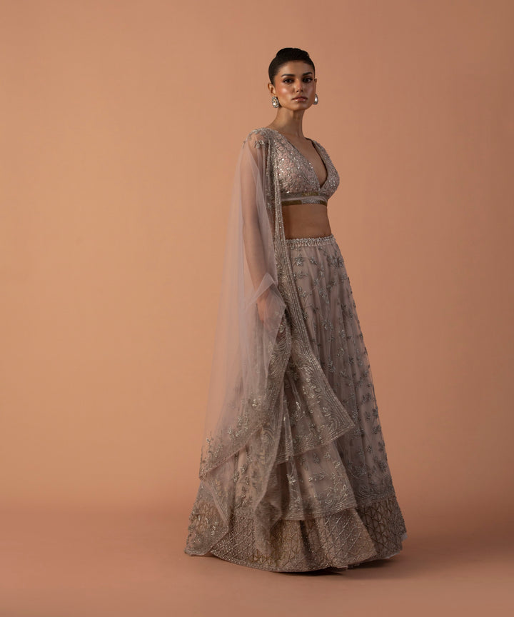 Pink Double Layered Lehenga With Thread Work Blouse And Tulle Dupatta