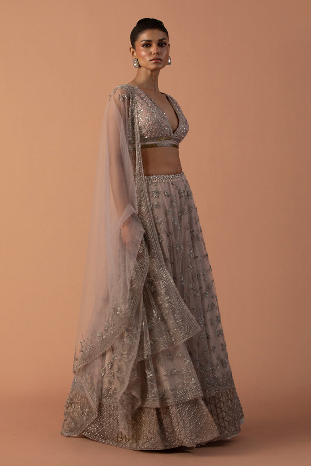 Pink Double Layered Lehenga With Thread Work Blouse And Tulle Dupatta