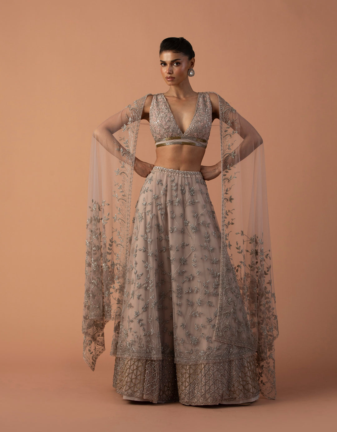 Pink Double Layered Lehenga With Thread Work Blouse And Tulle Dupatta