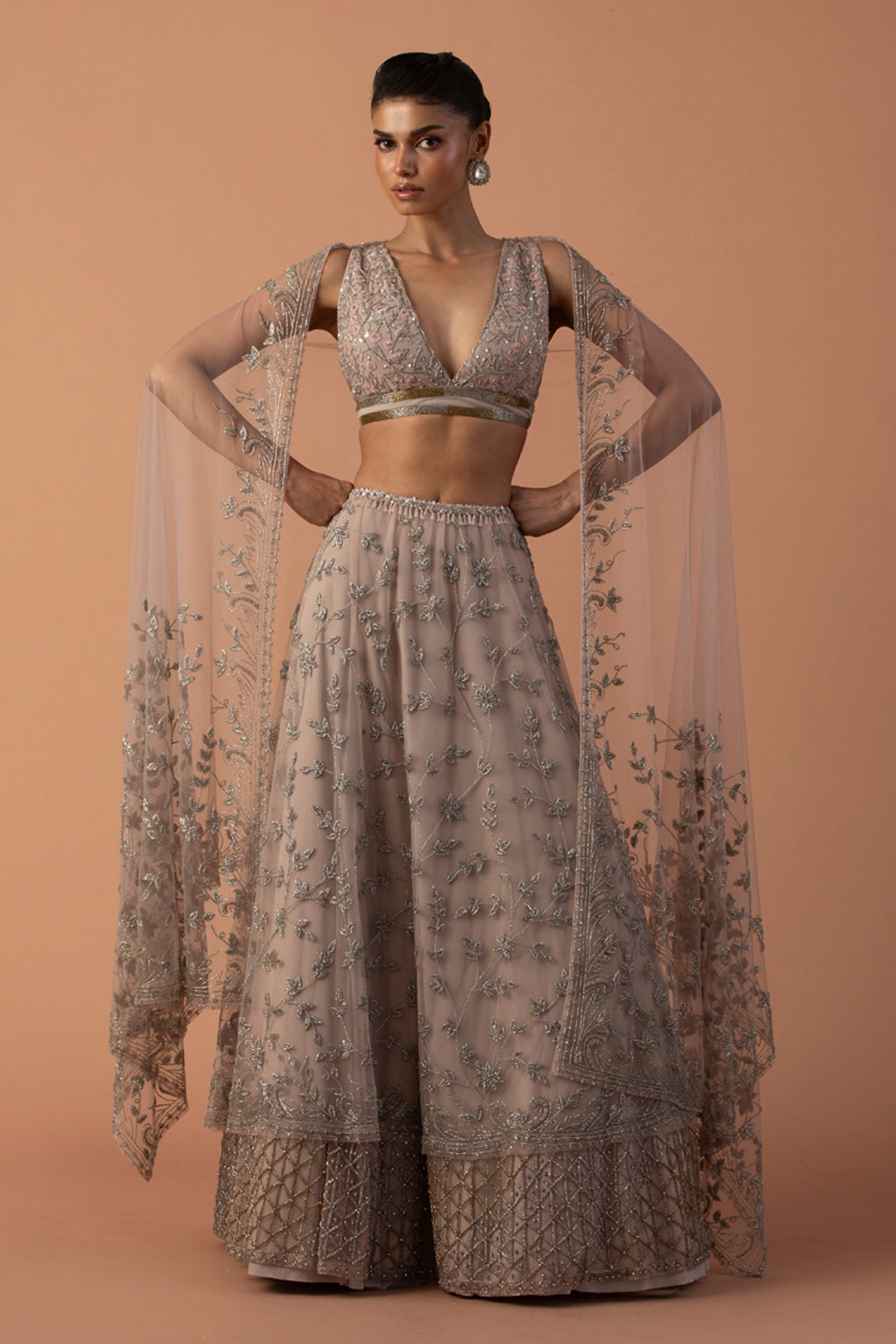 Pink Double Layered Lehenga With Thread Work Blouse And Tulle Dupatta