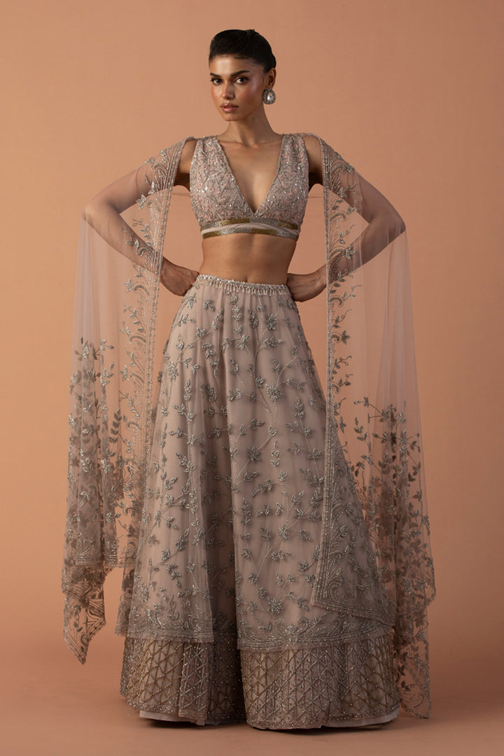 Pink Double Layered Lehenga With Thread Work Blouse And Tulle Dupatta