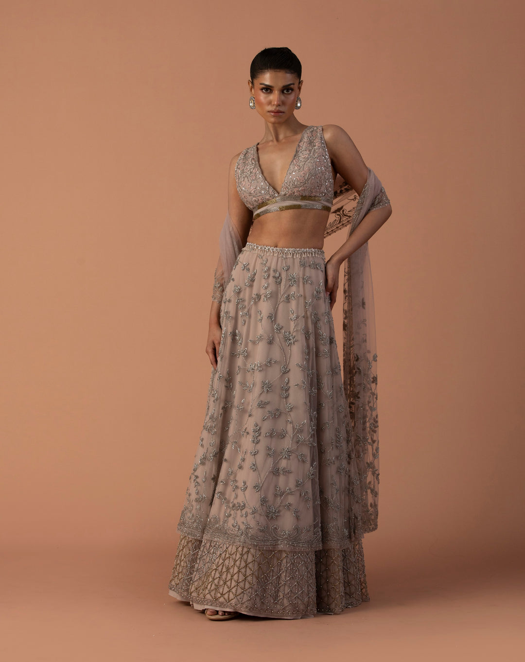 Pink Double Layered Lehenga With Thread Work Blouse And Tulle Dupatta