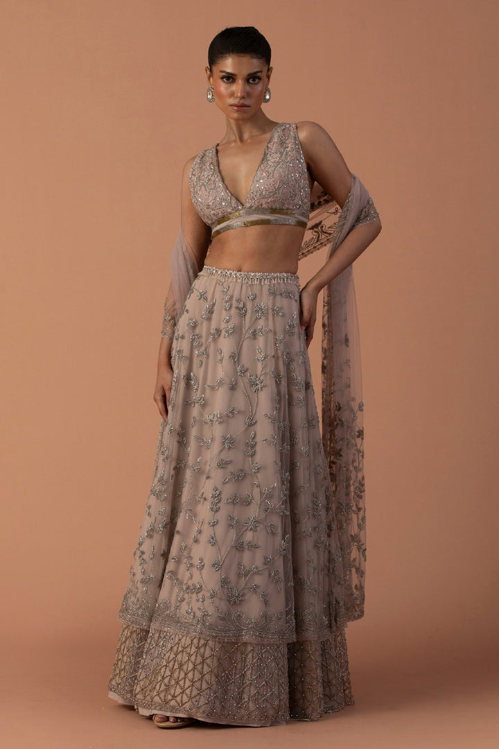 Pink Double Layered Lehenga With Thread Work Blouse And Tulle Dupatta