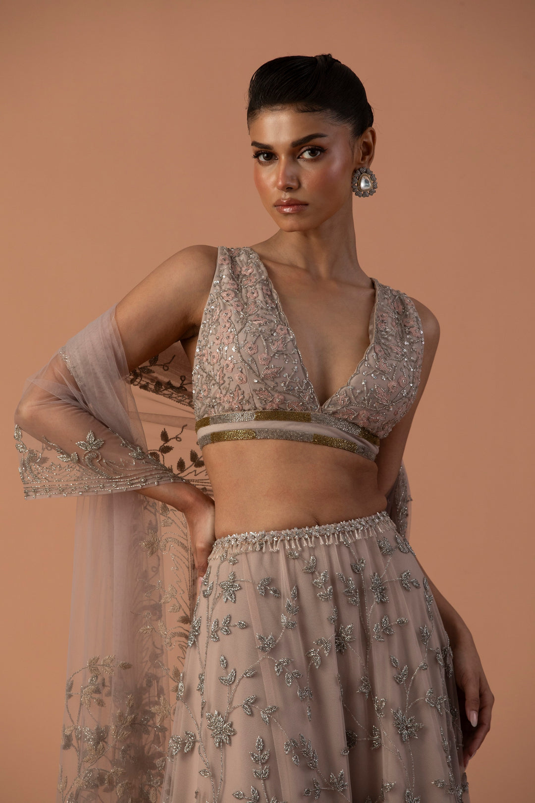 Pink Double Layered Lehenga With Thread Work Blouse And Tulle Dupatta