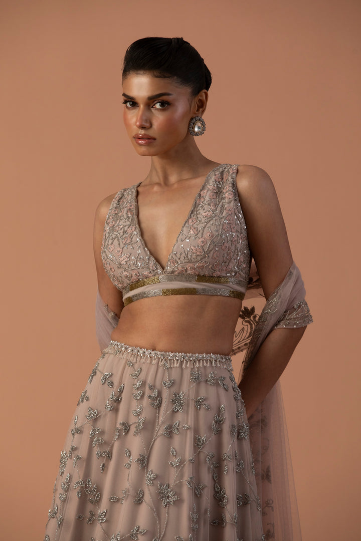 Pink Double Layered Lehenga With Thread Work Blouse And Tulle Dupatta