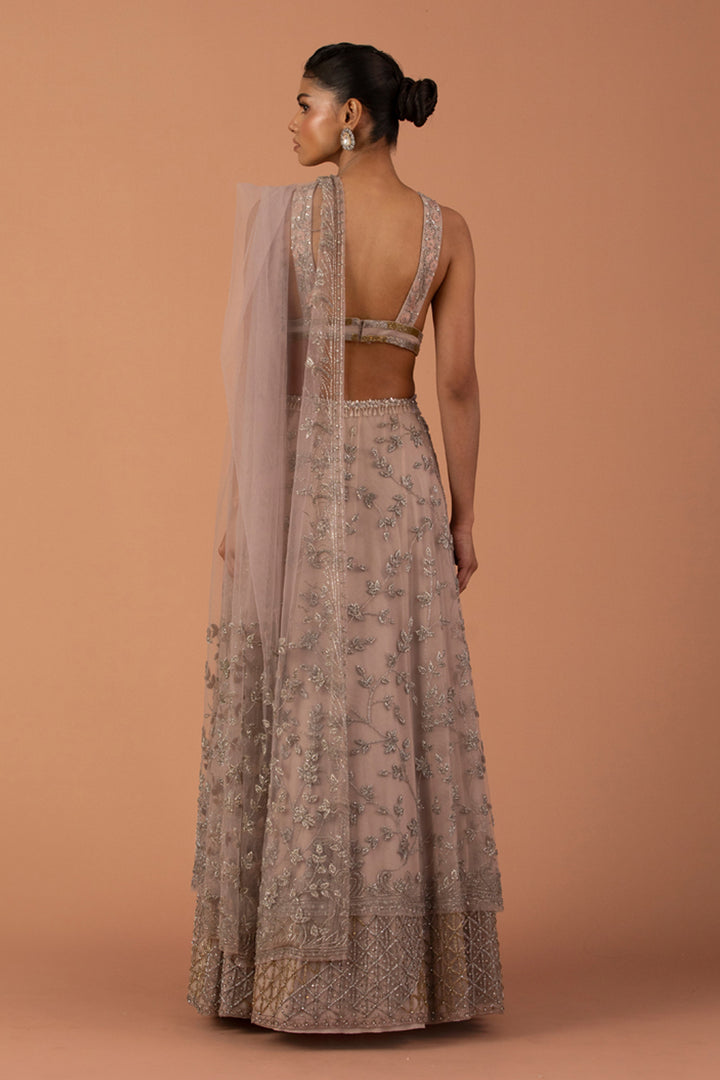 Pink Double Layered Lehenga With Thread Work Blouse And Tulle Dupatta