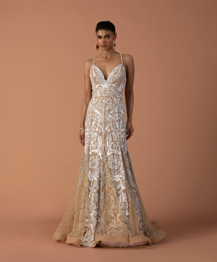 Peach Organza And Tulle Fishtail Godet Gown With Sequins and Stone Work
