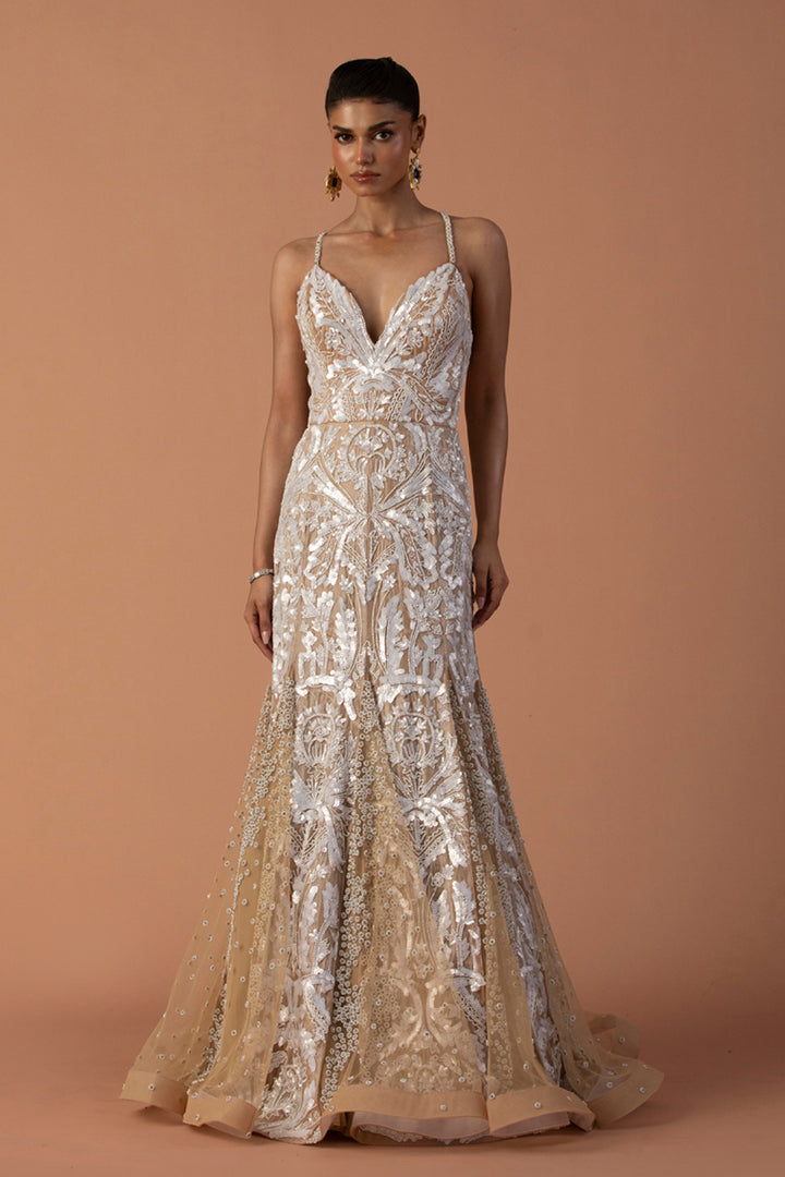 Peach Organza And Tulle Fishtail Godet Gown With Sequins and Stone Work
