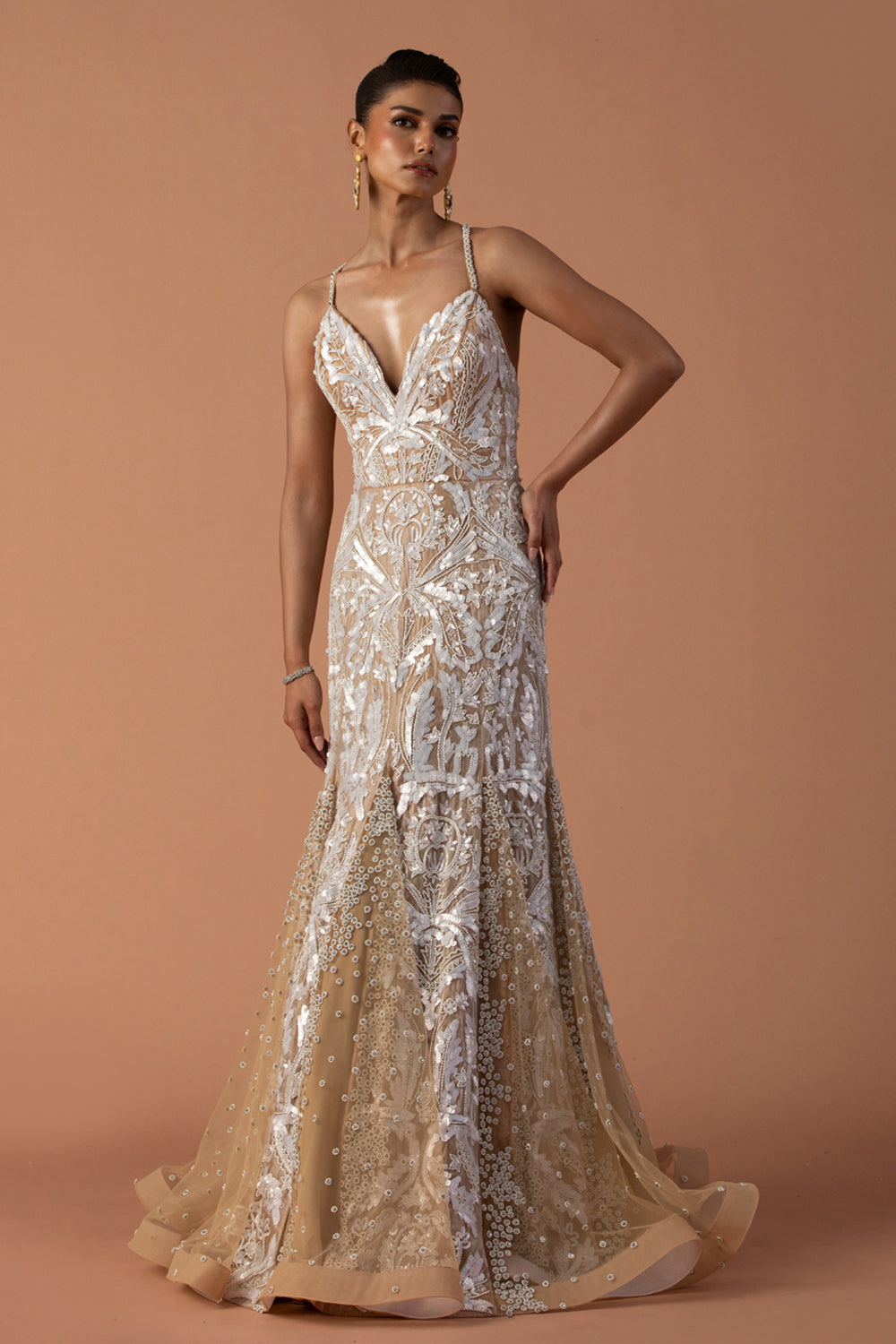 Peach Organza And Tulle Fishtail Godet Gown With Sequins and Stone Work