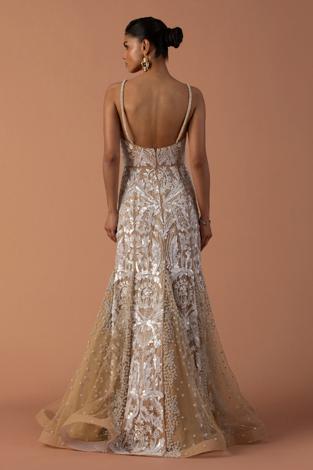 Peach Organza And Tulle Fishtail Godet Gown With Sequins and Stone Work