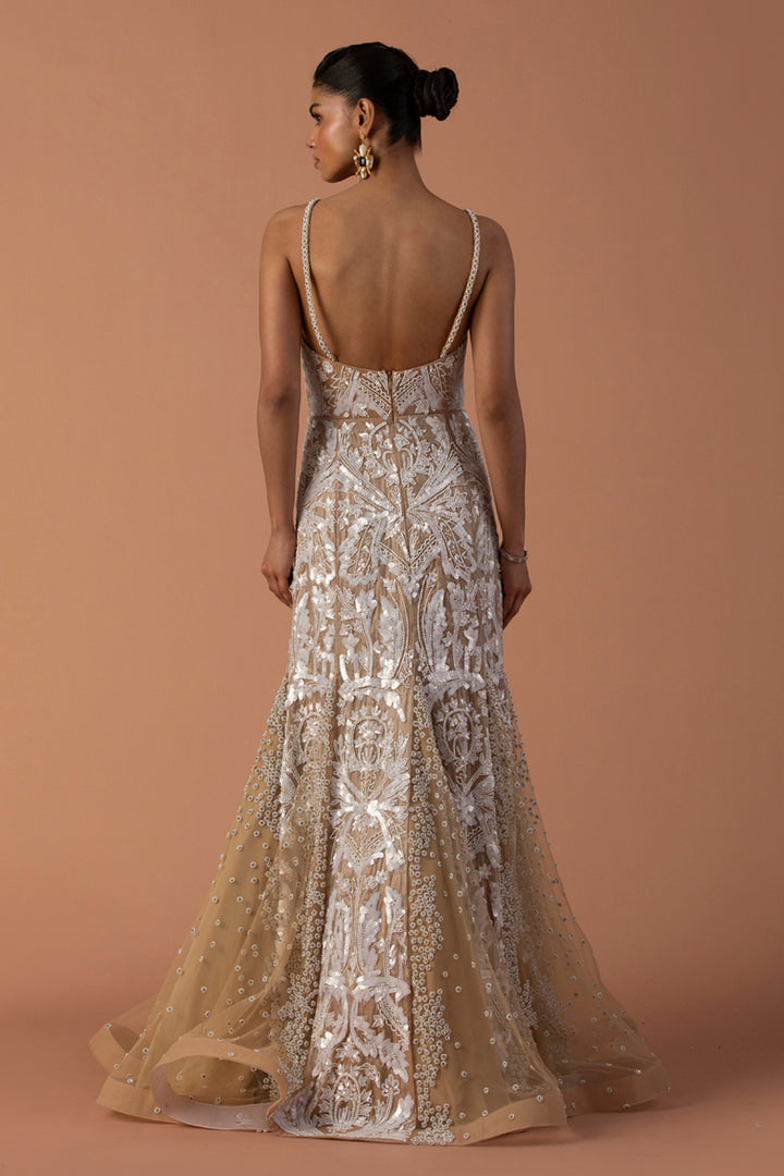 Peach Organza And Tulle Fishtail Godet Gown With Sequins and Stone Work