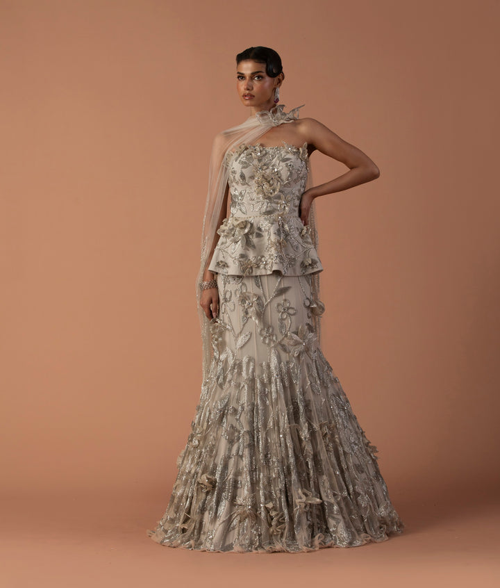 Iris Fish Tail Lehenga And Peplum Set With 3D Floating Flowers