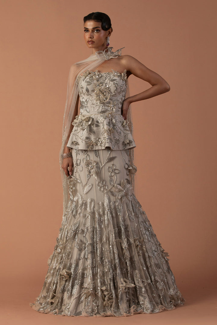 Iris Fish Tail Lehenga And Peplum Set With 3D Floating Flowers