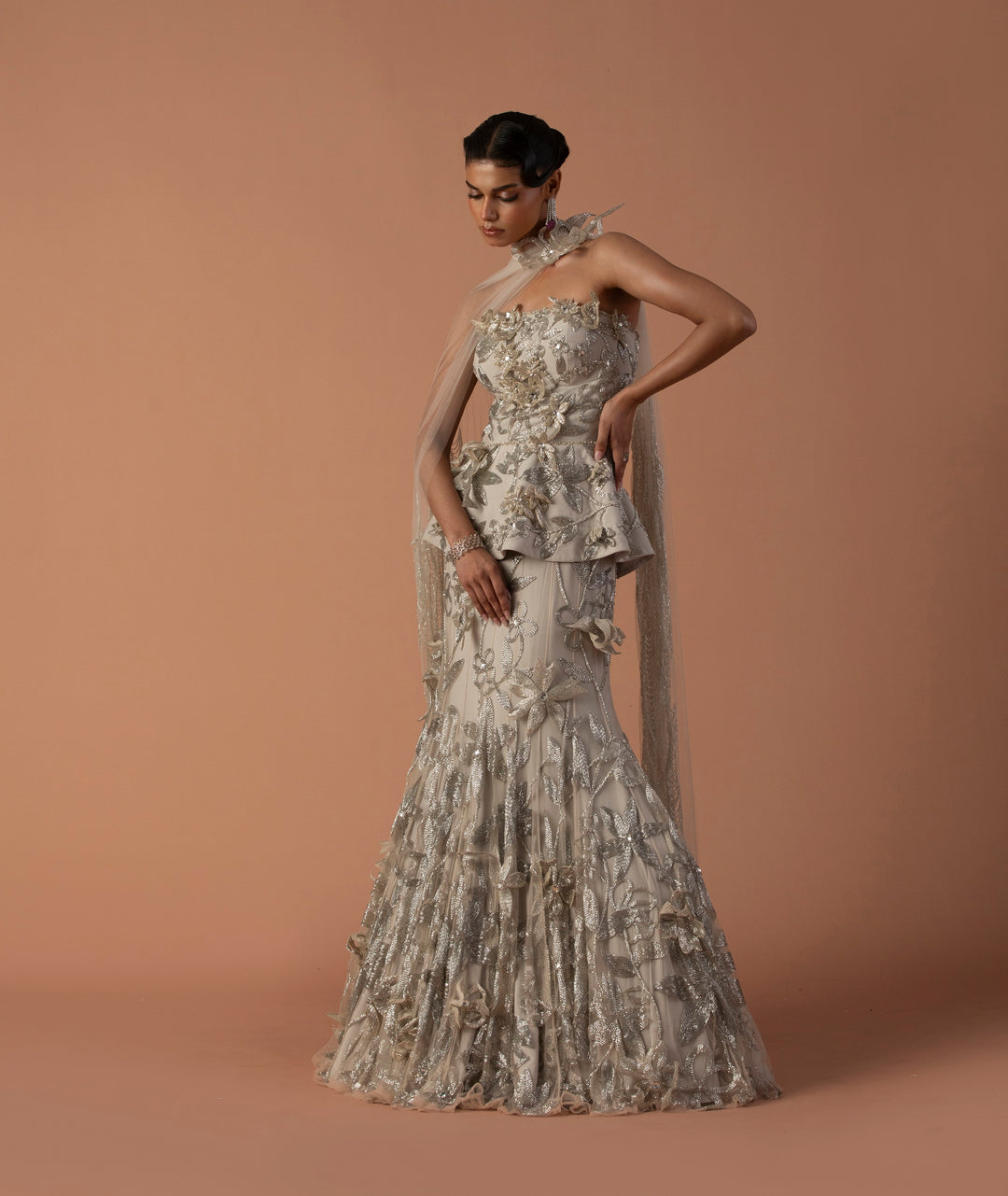 Iris Fish Tail Lehenga And Peplum Set With 3D Floating Flowers