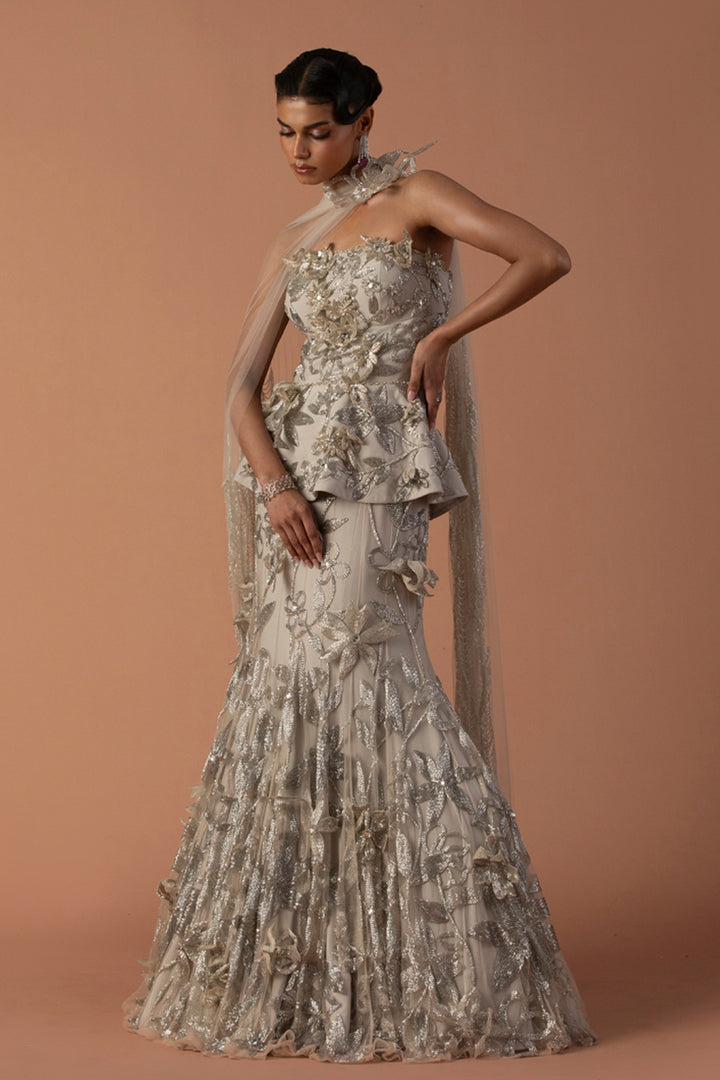 Iris Fish Tail Lehenga And Peplum Set With 3D Floating Flowers