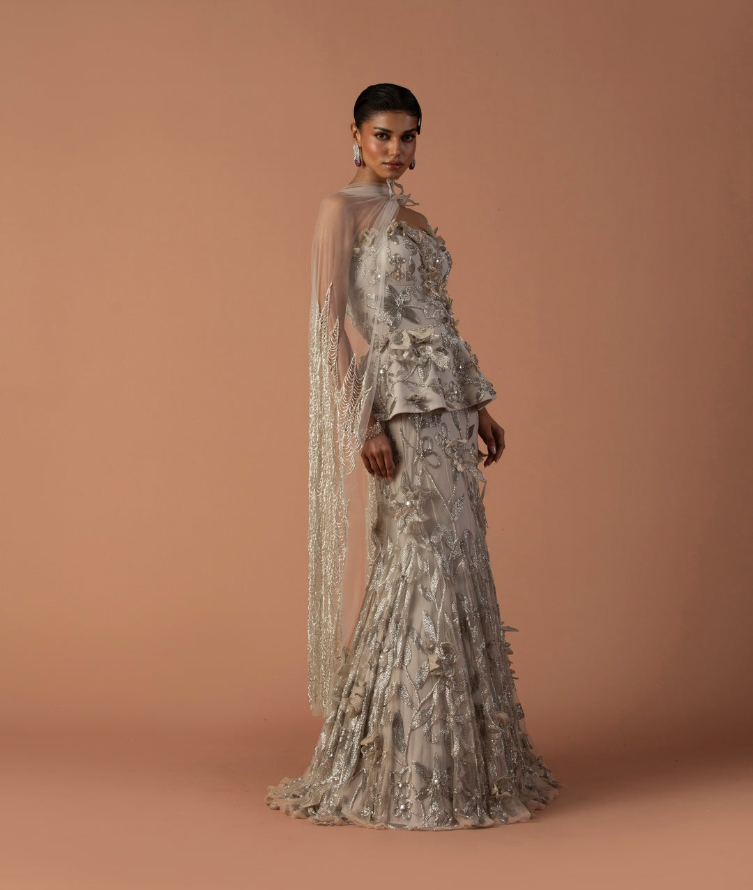 Iris Fish Tail Lehenga And Peplum Set With 3D Floating Flowers