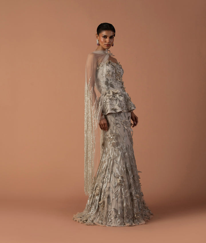 Iris Fish Tail Lehenga And Peplum Set With 3D Floating Flowers