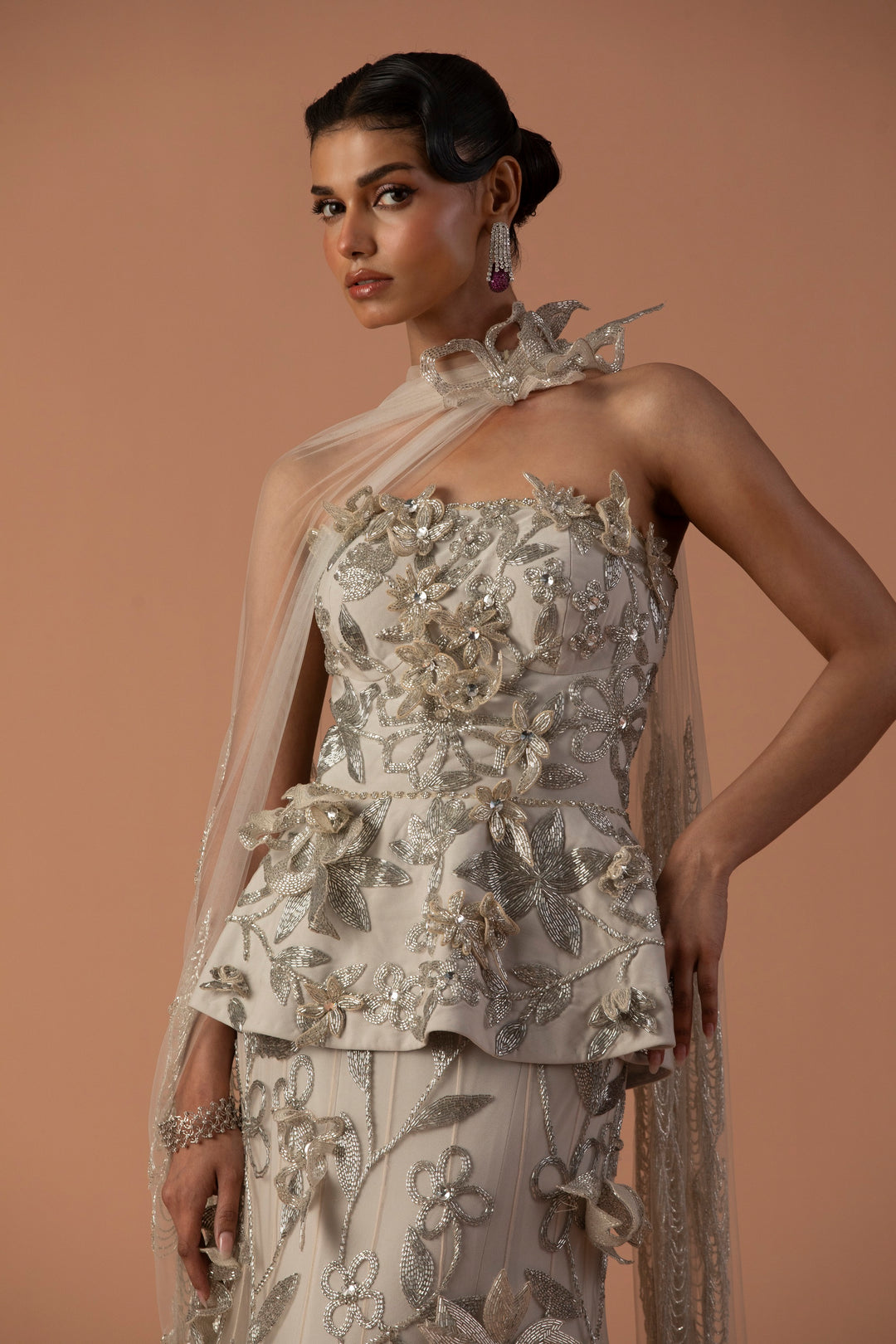 Iris Fish Tail Lehenga And Peplum Set With 3D Floating Flowers