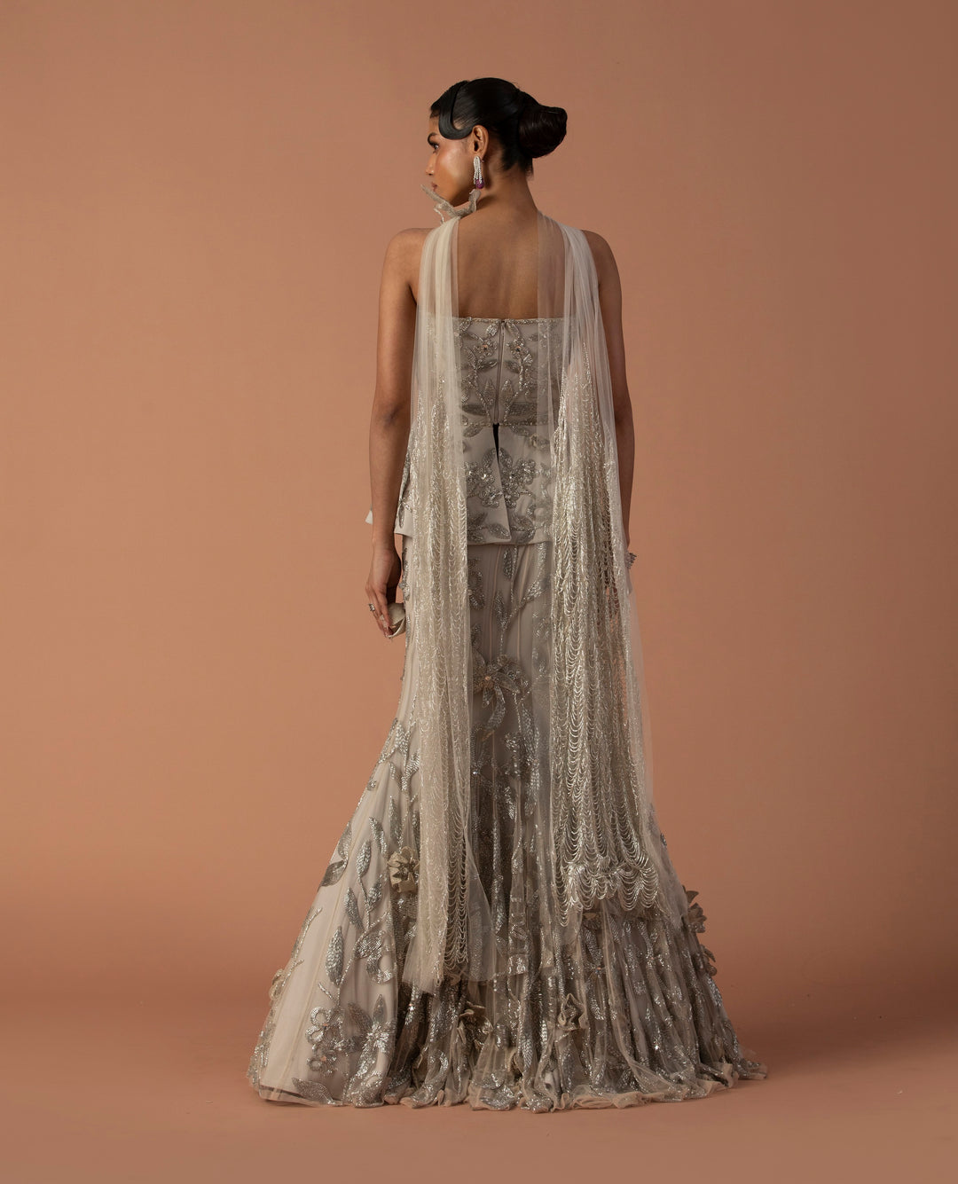 Iris Fish Tail Lehenga And Peplum Set With 3D Floating Flowers