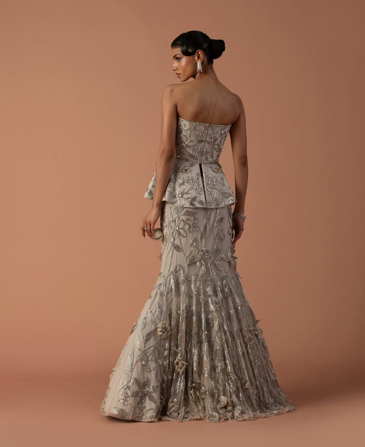 Iris Fish Tail Lehenga And Peplum Set With 3D Floating Flowers