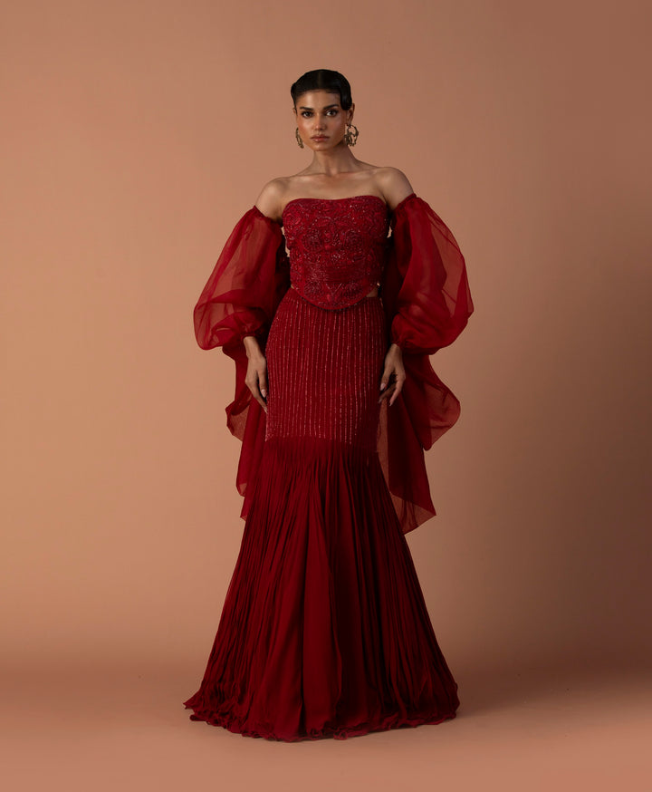 Red Fishtail Skirt With Georgette Inlays, Beaded Corset And Organza Bouffant Sleeves