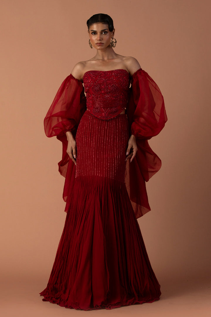 Red Fishtail Skirt With Beaded Corset & Organza Bouffant Sleeves