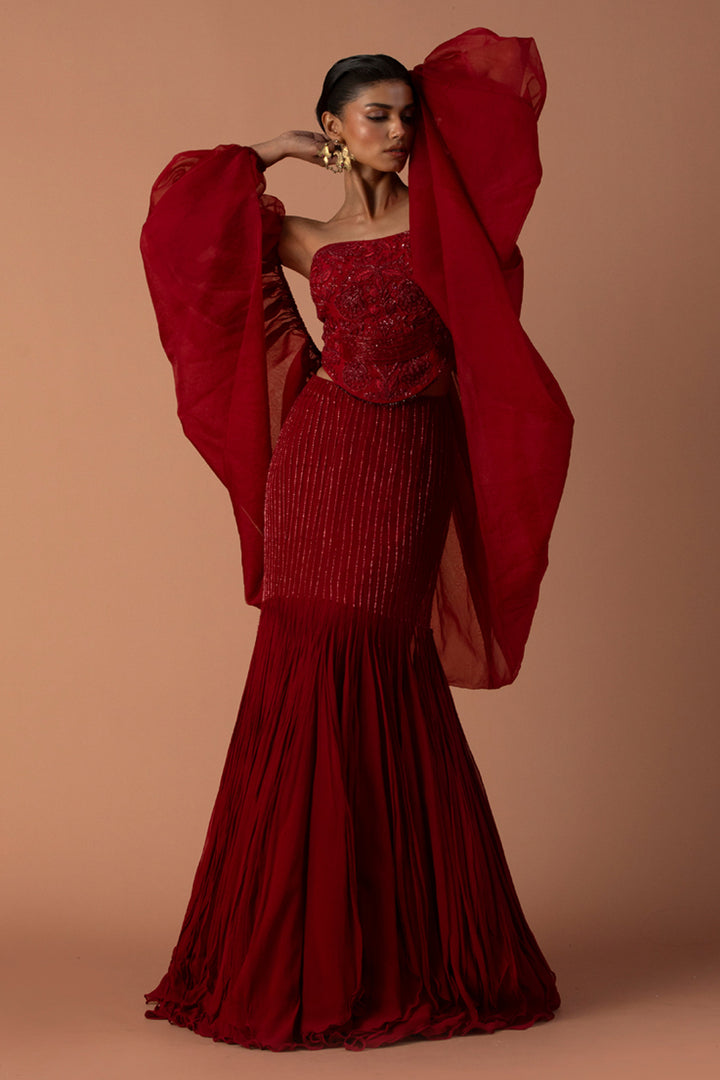 Red Fishtail Skirt With Beaded Corset & Organza Bouffant Sleeves