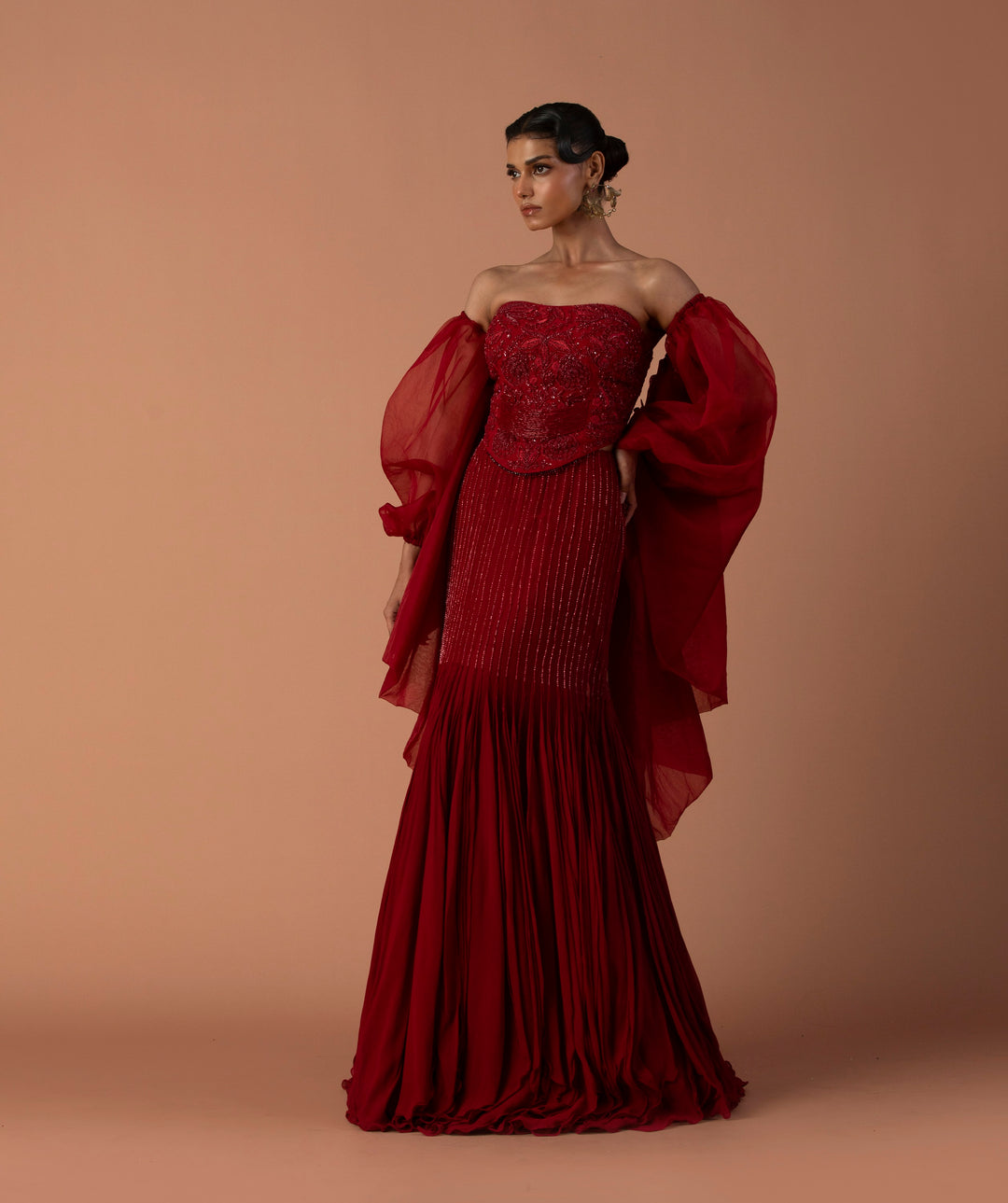 Red Fishtail Skirt With Georgette Inlays, Beaded Corset And Organza Bouffant Sleeves