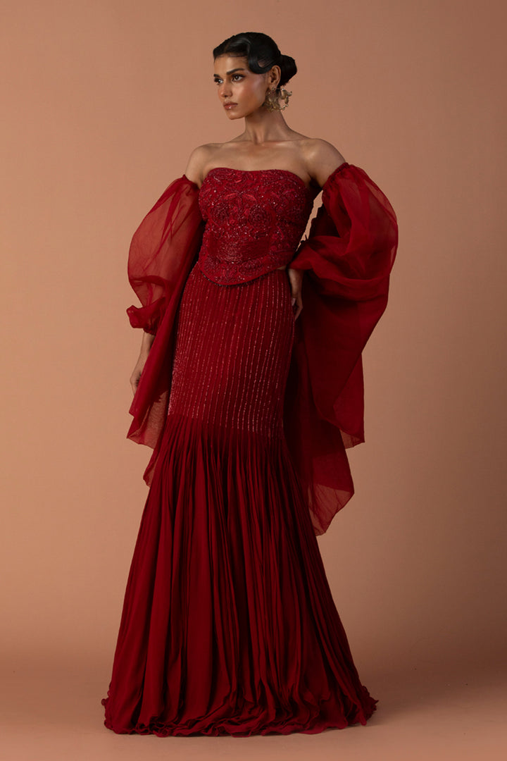 Red Fishtail Skirt With Beaded Corset & Organza Bouffant Sleeves