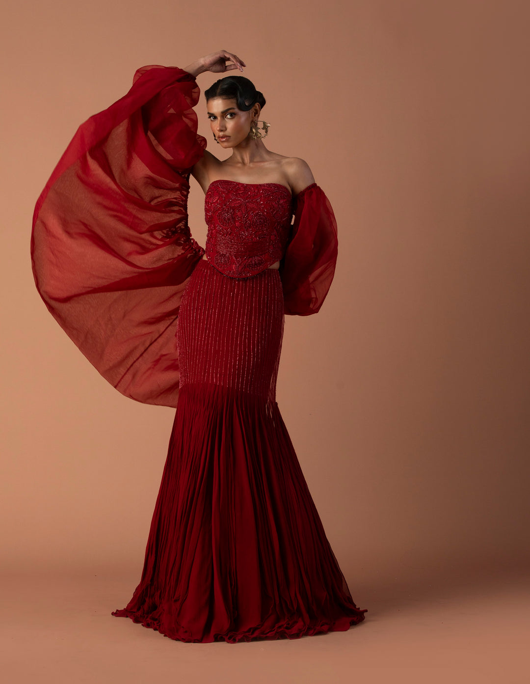 Red Fishtail Skirt With Georgette Inlays, Beaded Corset And Organza Bouffant Sleeves