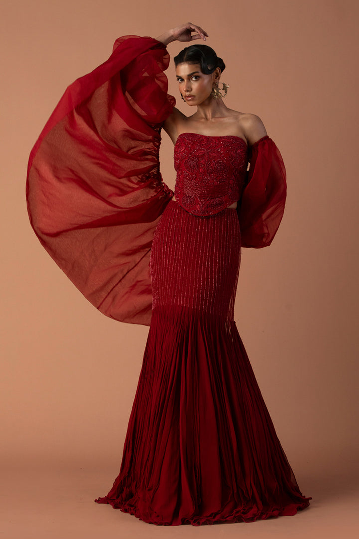 Red Fishtail Skirt With Beaded Corset & Organza Bouffant Sleeves