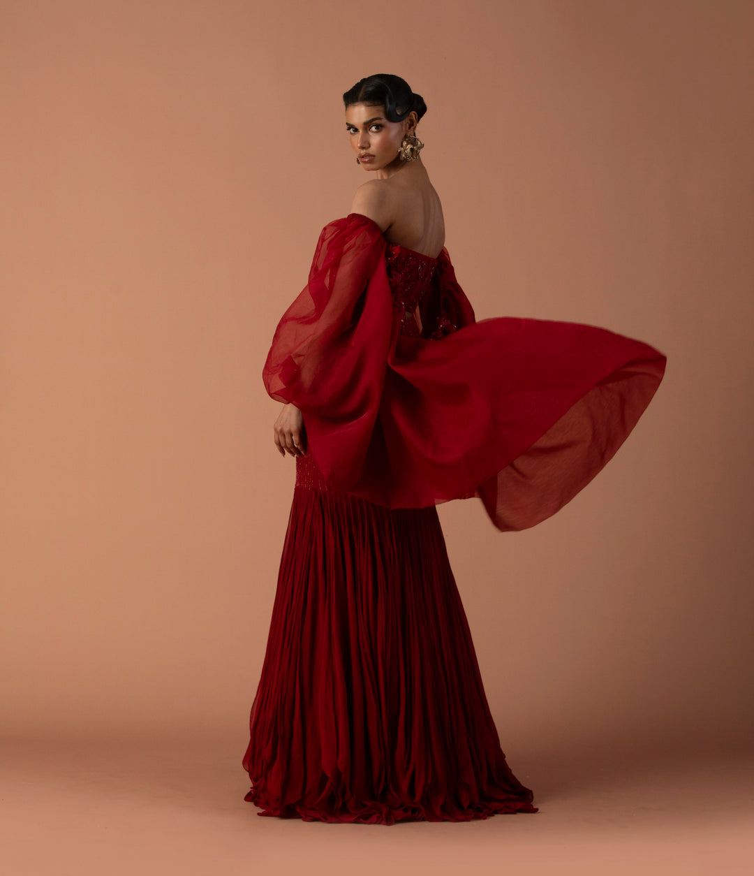 Red Fishtail Skirt With Georgette Inlays, Beaded Corset And Organza Bouffant Sleeves