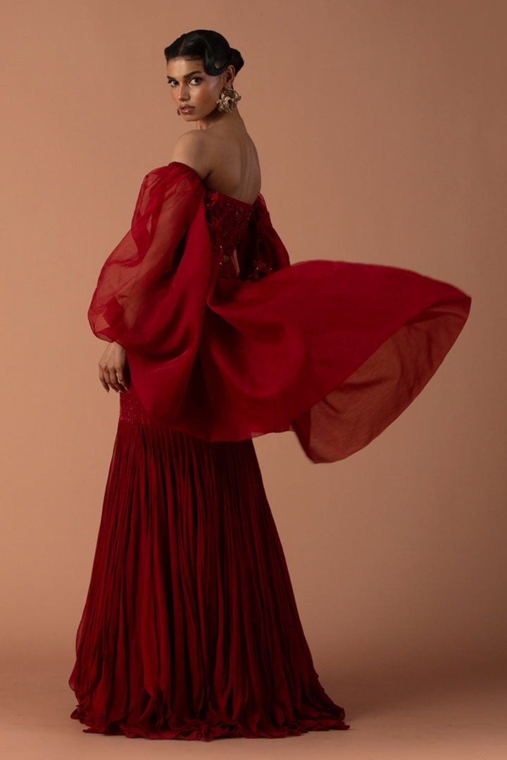 Red Fishtail Skirt With Beaded Corset & Organza Bouffant Sleeves