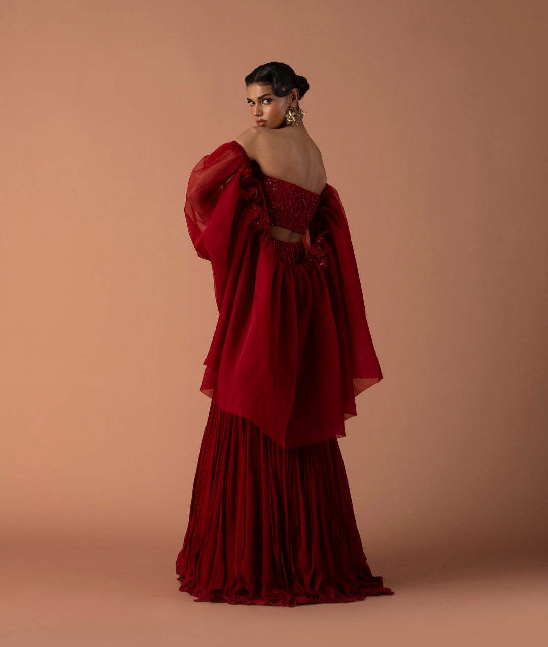 Red Fishtail Skirt With Georgette Inlays, Beaded Corset And Organza Bouffant Sleeves