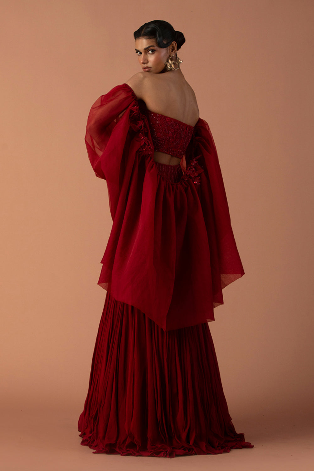 Red Fishtail Skirt With Beaded Corset & Organza Bouffant Sleeves