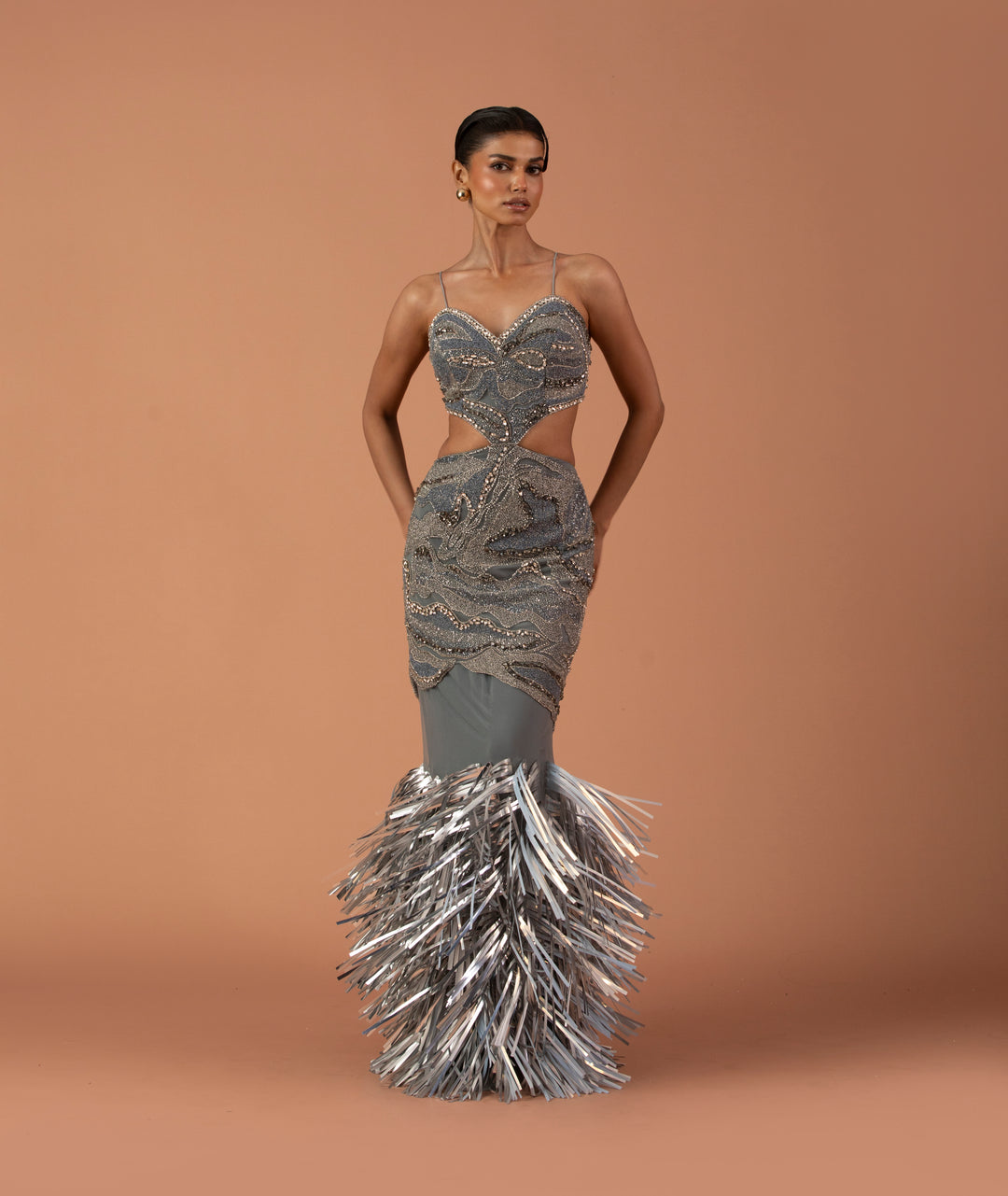 silver cutout dress South Beach x Liv Silverman glitter mesh maxi dress with cutout detail in silver