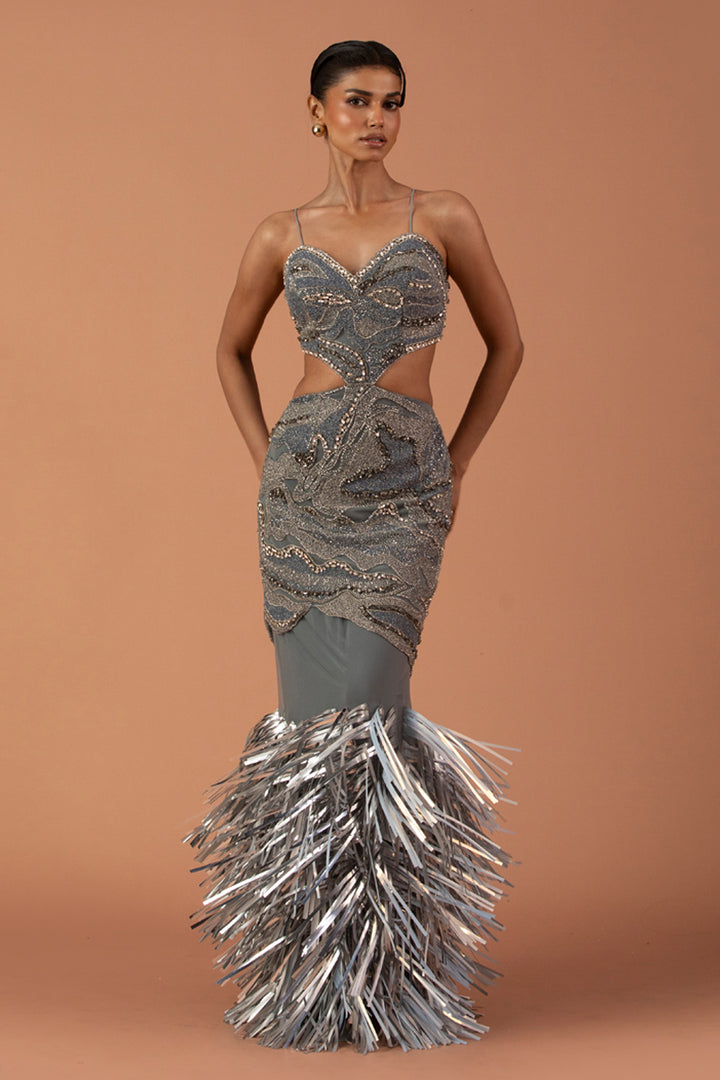 Silver Cut Out Dress With Silver Leather Tassel Skirt