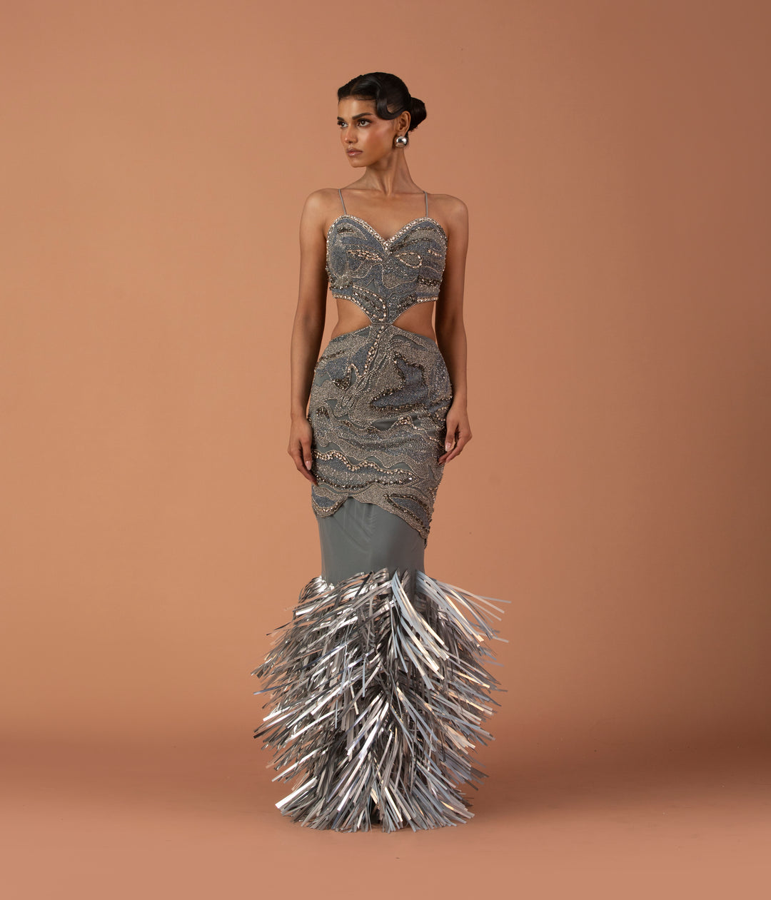 Silver Cut Out Dress With Silver Leather Tassel Skirt