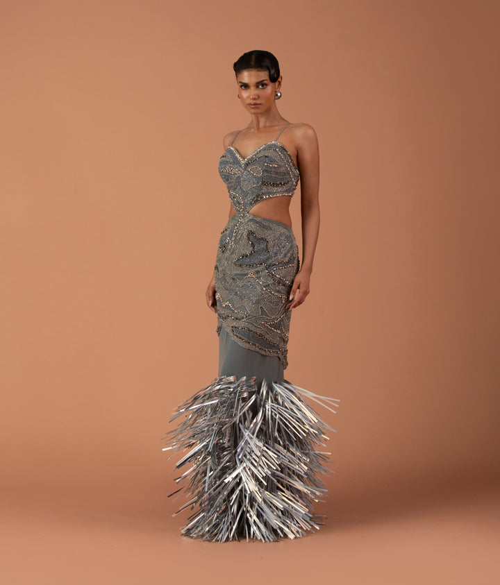 Silver Cut Out Dress With Silver Leather Tassel Skirt