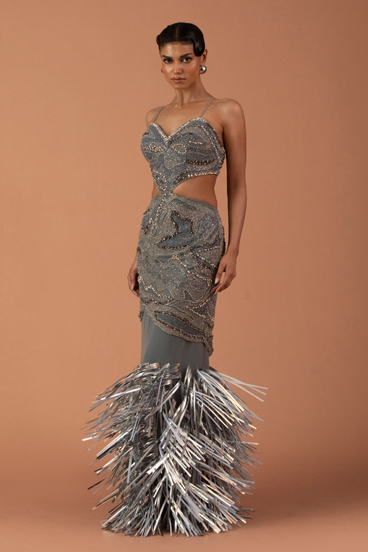 Silver Cut Out Dress With Silver Leather Tassel Skirt