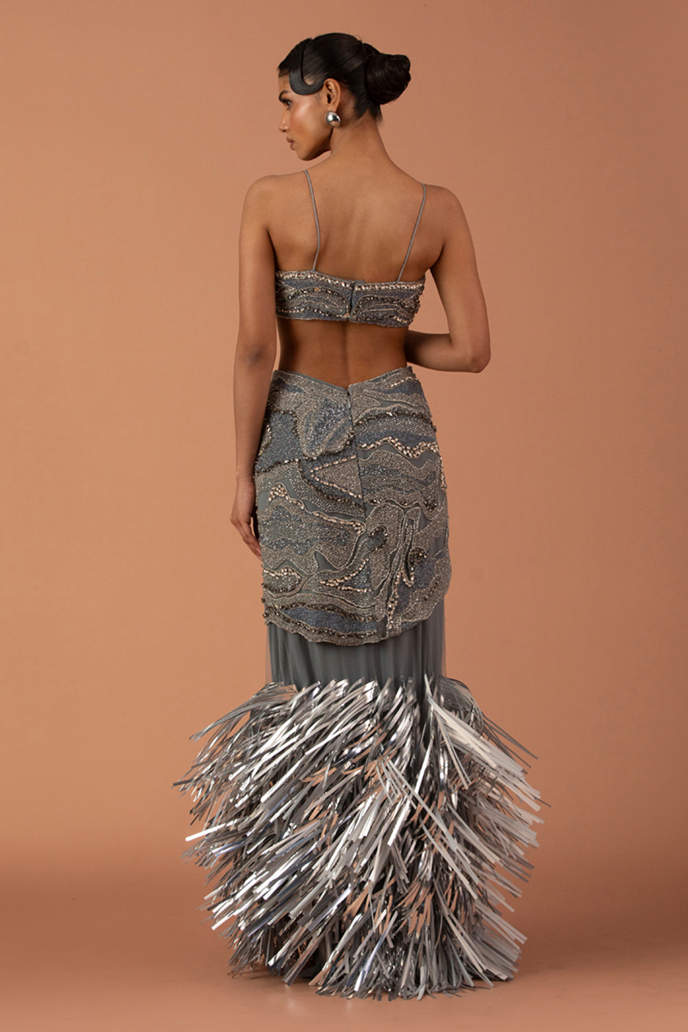 Silver Cut Out Dress With Silver Leather Tassel Skirt