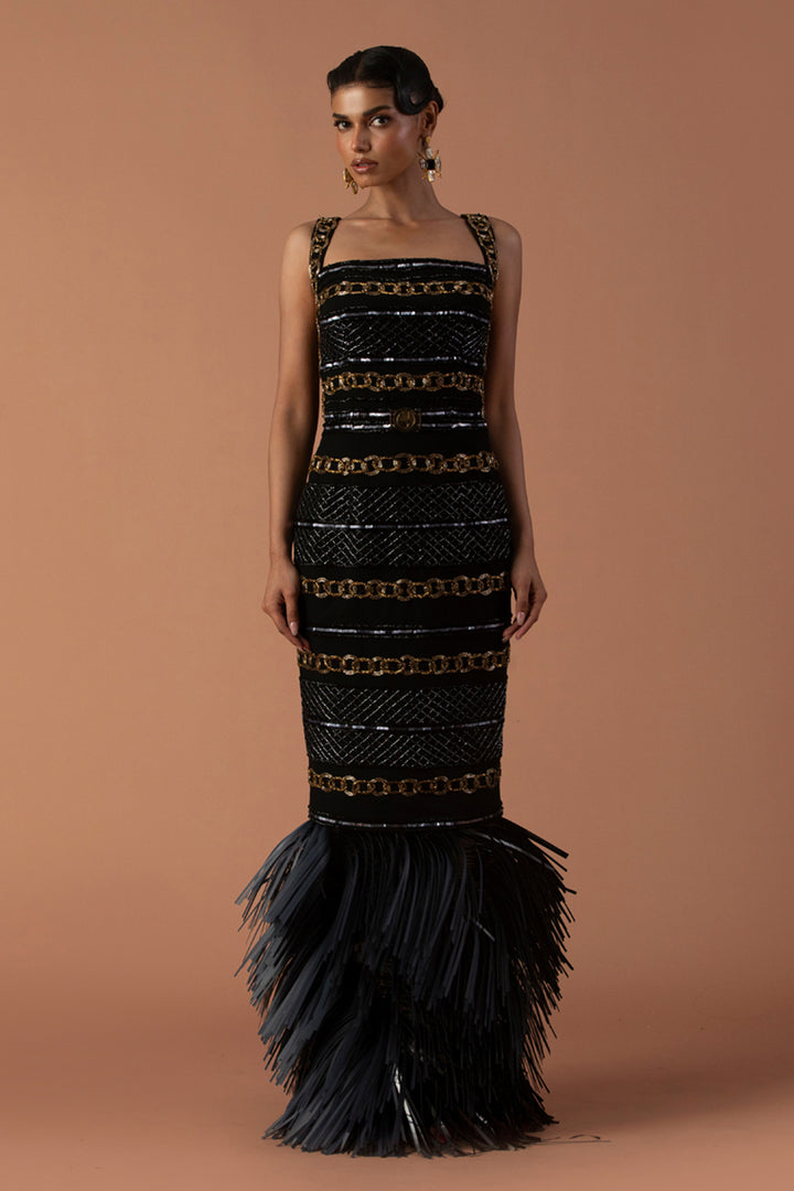Black Pencil Dress Embellished With Bugle Beads & Black Leather Tassel Skirt